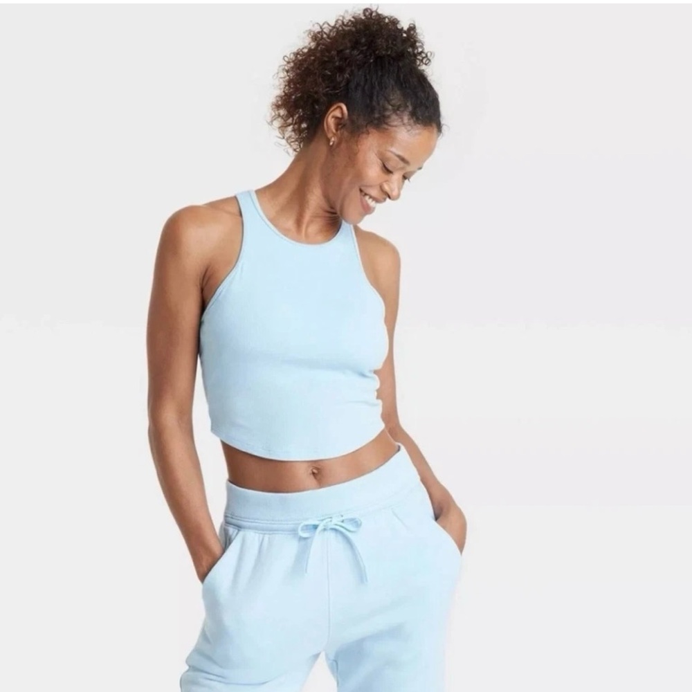 All In Motion  Light Blue Women's Rib High Neck Racerback Cropped Tank Top sizeS